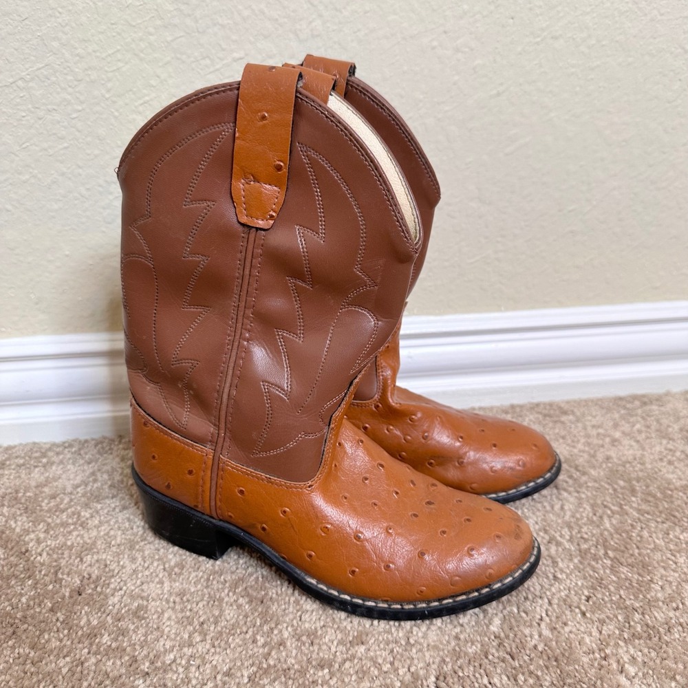 Kids Brown Ostrich Print Western Cowboy Boots Stitched Pull On Size‎ 13 Western